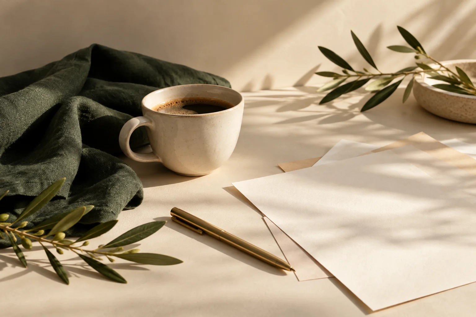 Pausa para organizar as ideias, com papel, caneta e café